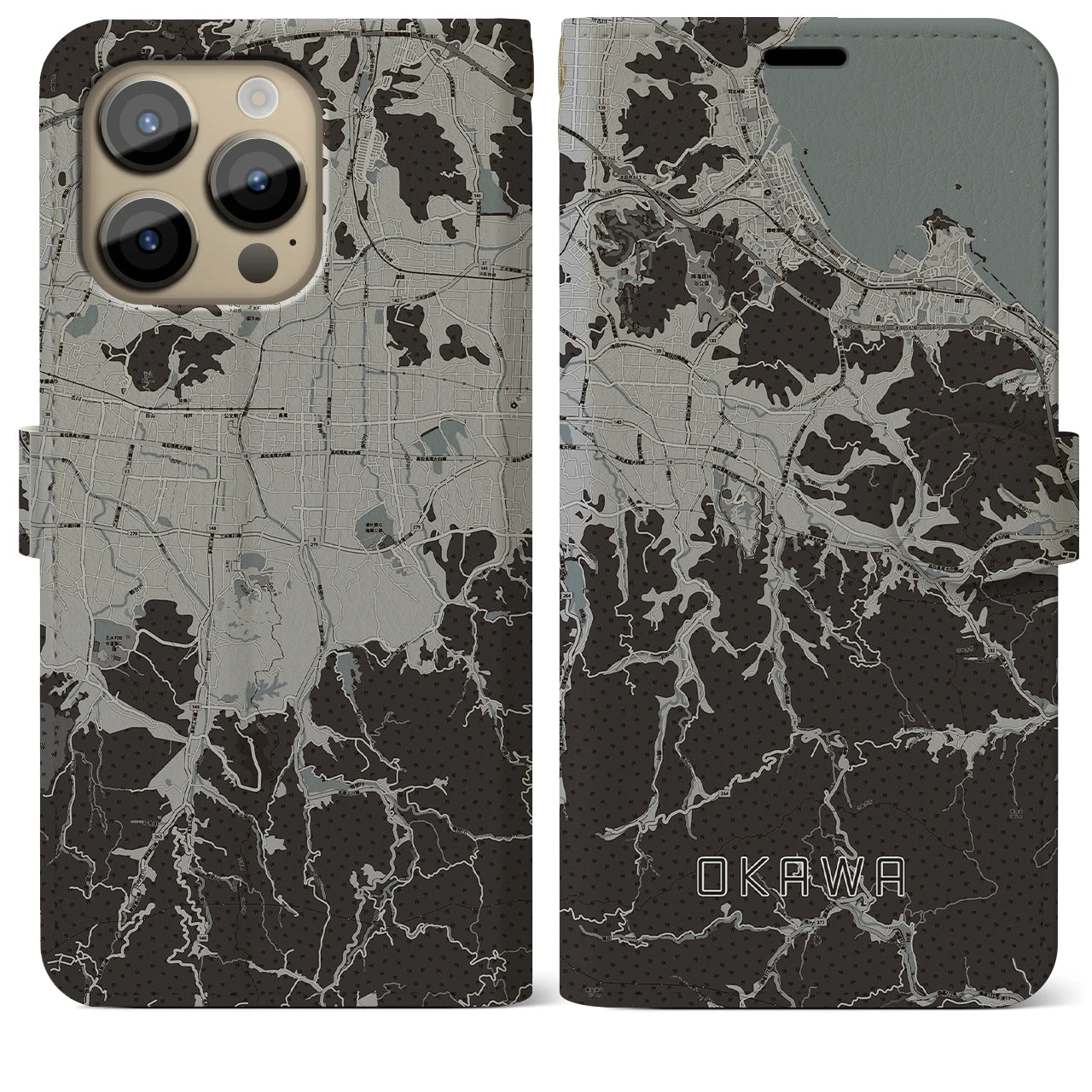 【大川(香川県)】地図柄iPhoneケース(手帳タイプ)モノトーン・iPhone 14 Pro Max 用