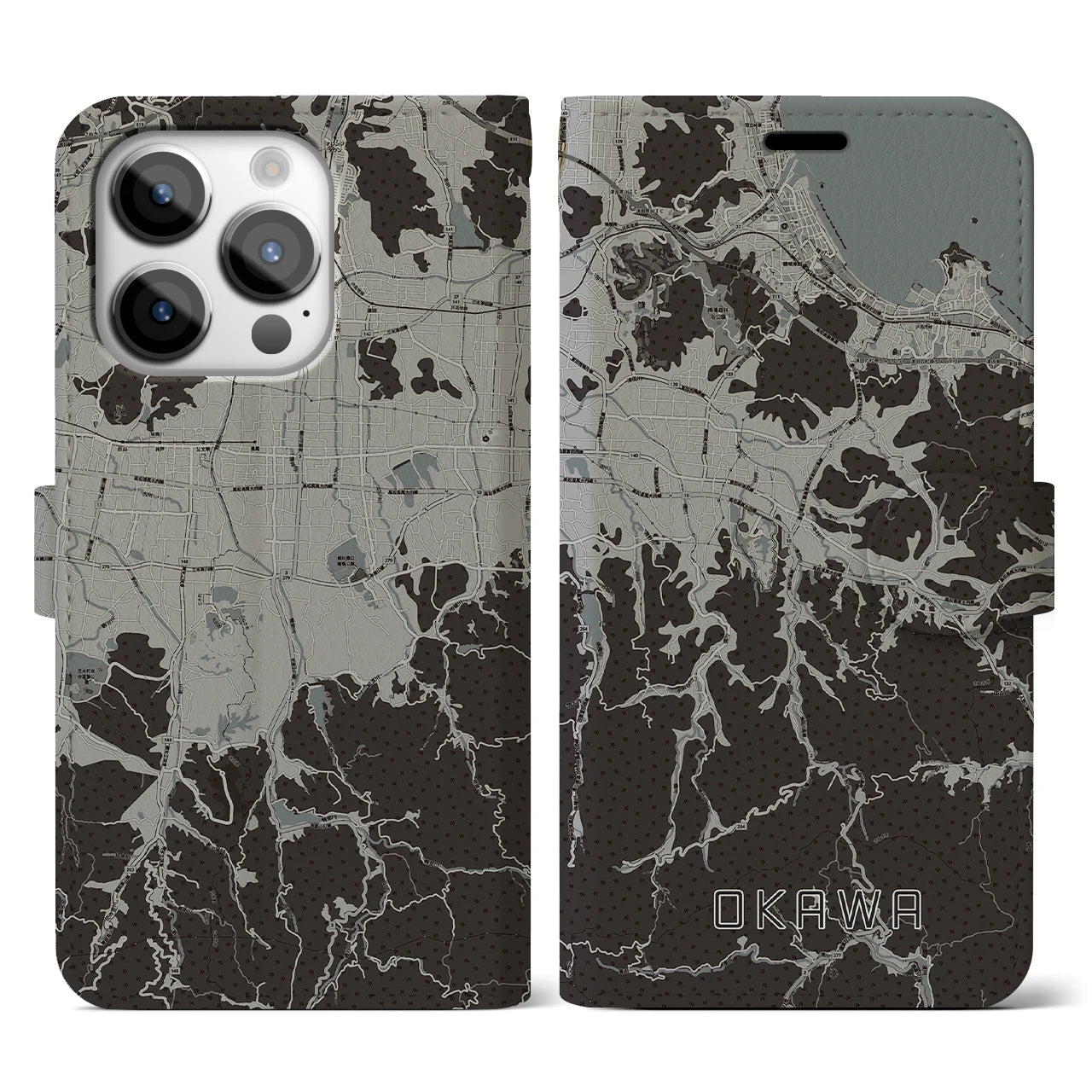 【大川(香川県)】地図柄iPhoneケース(手帳タイプ)モノトーン・iPhone 14 Pro 用