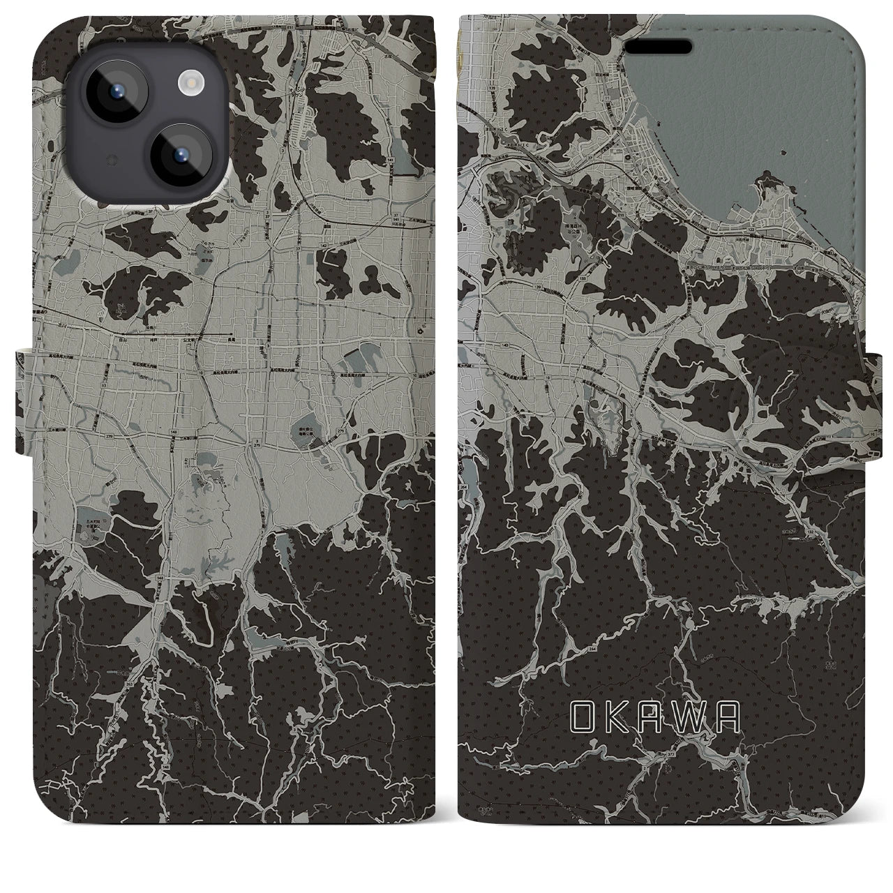 【大川(香川県)】地図柄iPhoneケース(手帳タイプ)モノトーン・iPhone 14 Plus 用