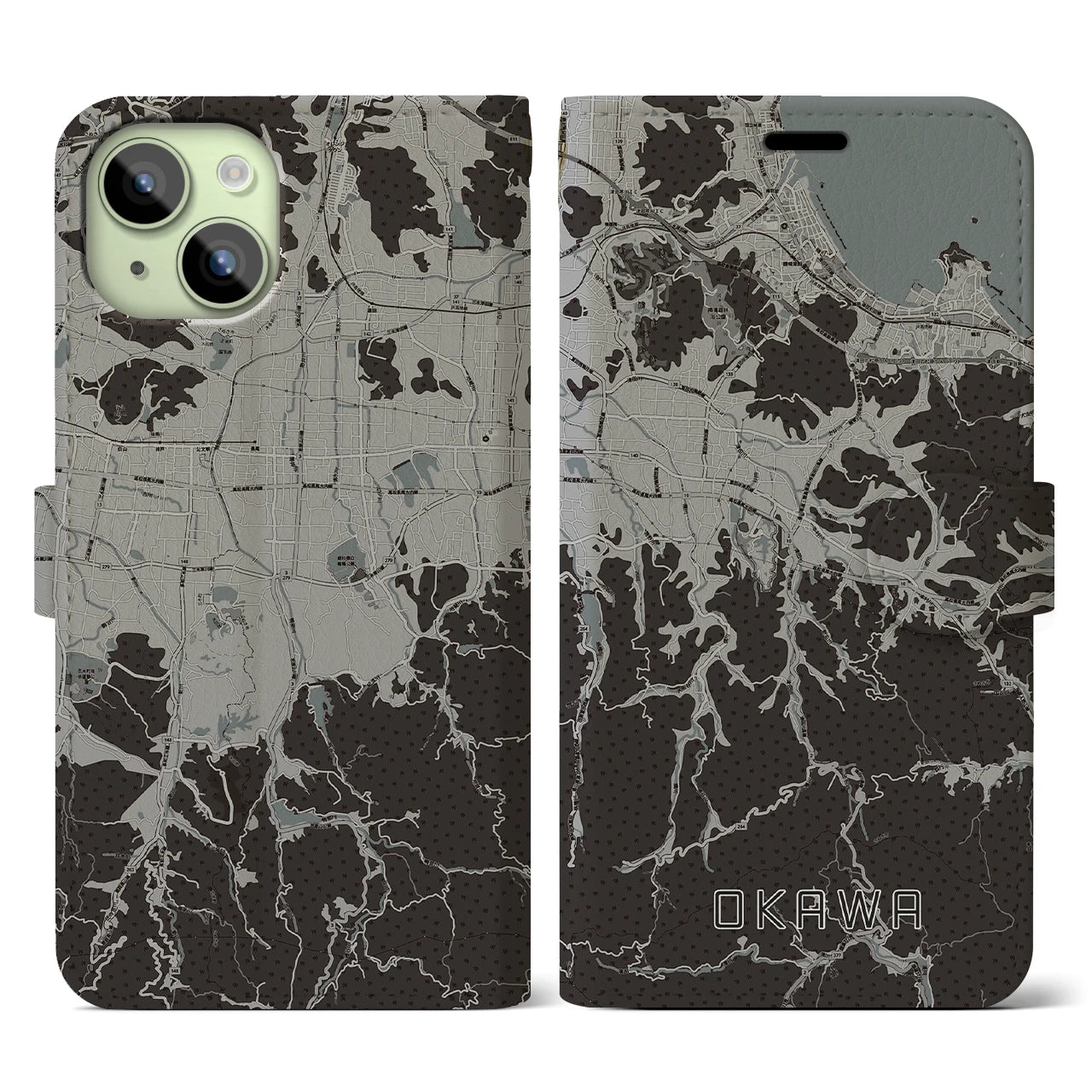 【大川(香川県)】地図柄iPhoneケース(手帳タイプ)モノトーン・iPhone 15 用