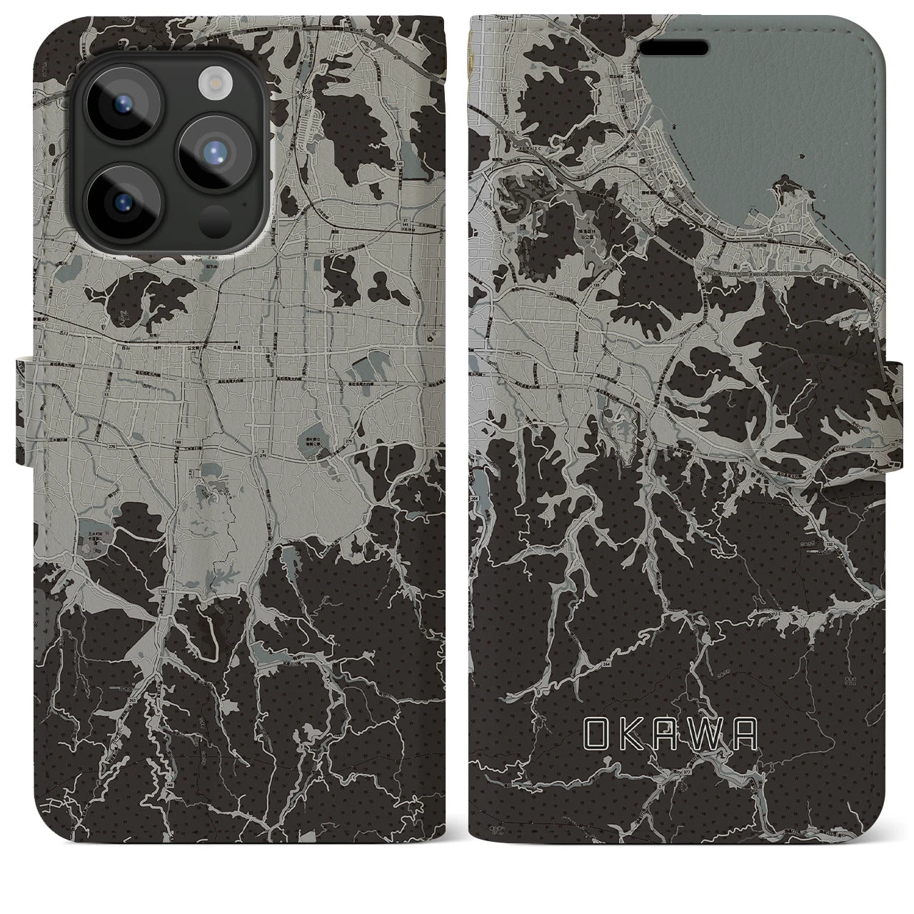 【大川(香川県)】地図柄iPhoneケース(手帳タイプ)モノトーン・iPhone 15 Pro Max 用