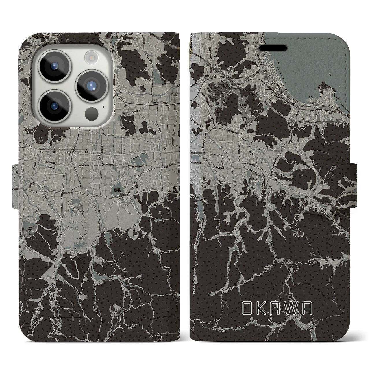 【大川(香川県)】地図柄iPhoneケース(手帳タイプ)モノトーン・iPhone 15 Pro 用