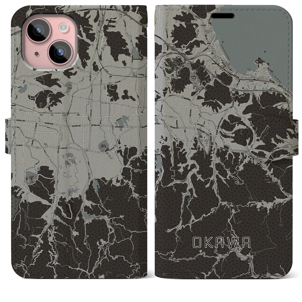 【大川(香川県)】地図柄iPhoneケース(手帳タイプ)モノトーン・iPhone 15 Plus 用