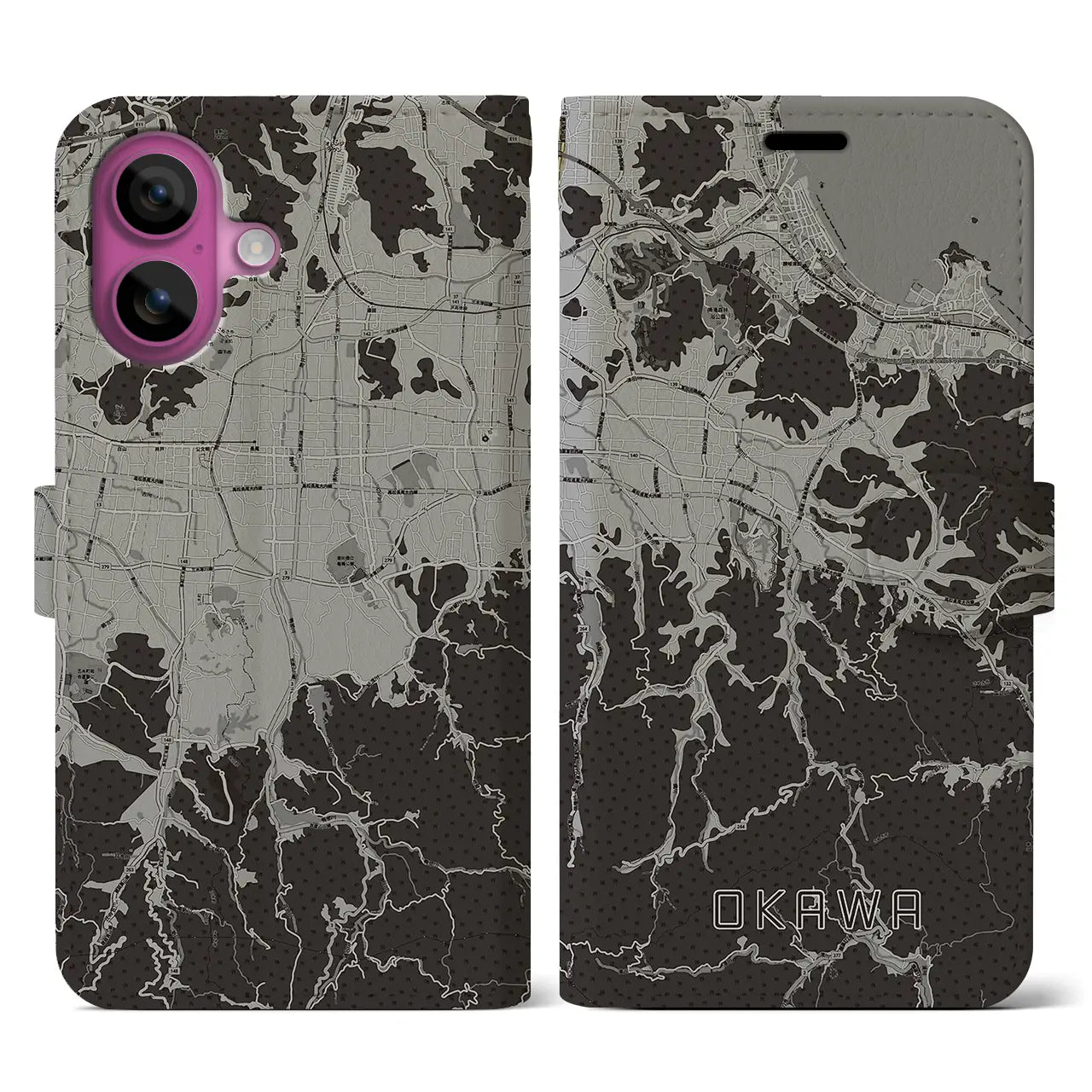 【大川(香川県)】地図柄iPhoneケース(手帳タイプ)モノトーン・iPhone 16 Pro 用
