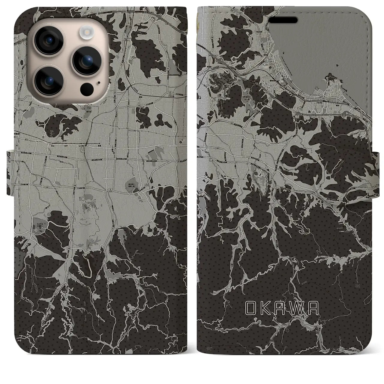 【大川(香川県)】地図柄iPhoneケース(手帳タイプ)モノトーン・iPhone 16 Plus 用