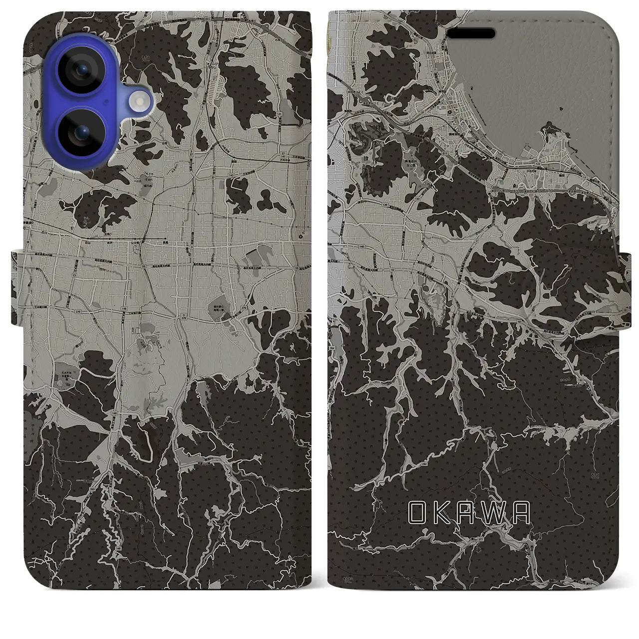 【大川(香川県)】地図柄iPhoneケース(手帳タイプ)モノトーン・iPhone 16 Pro Max 用