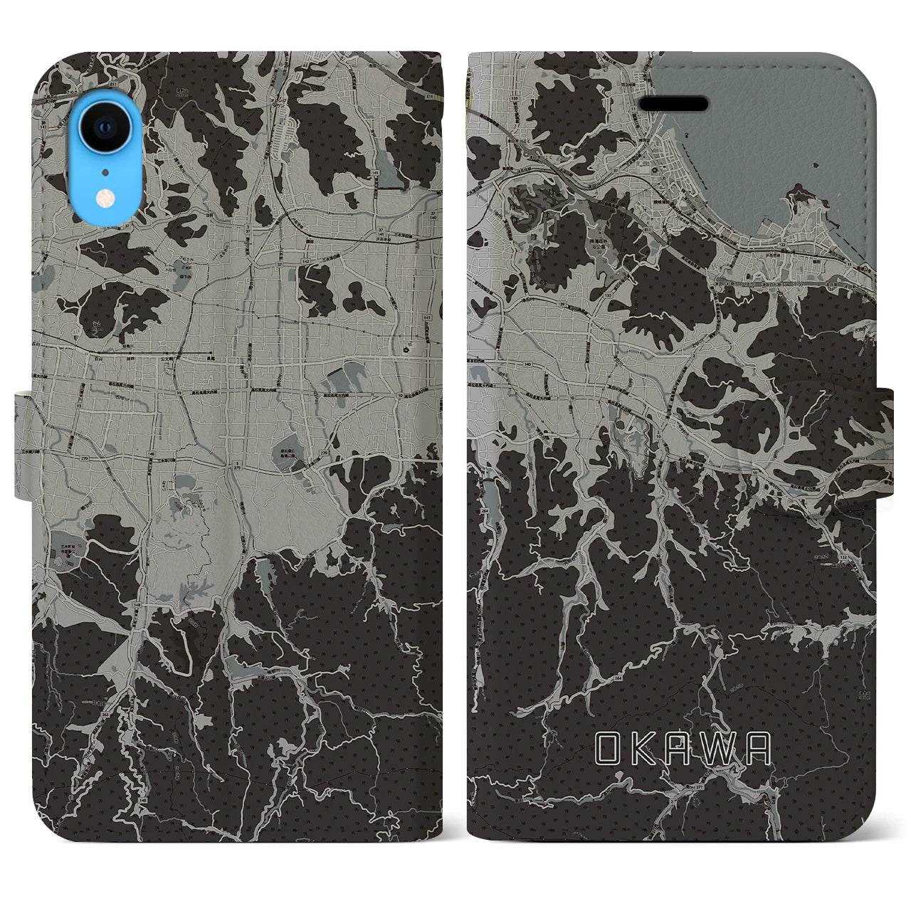 【大川(香川県)】地図柄iPhoneケース(手帳タイプ)モノトーン・iPhone XR 用