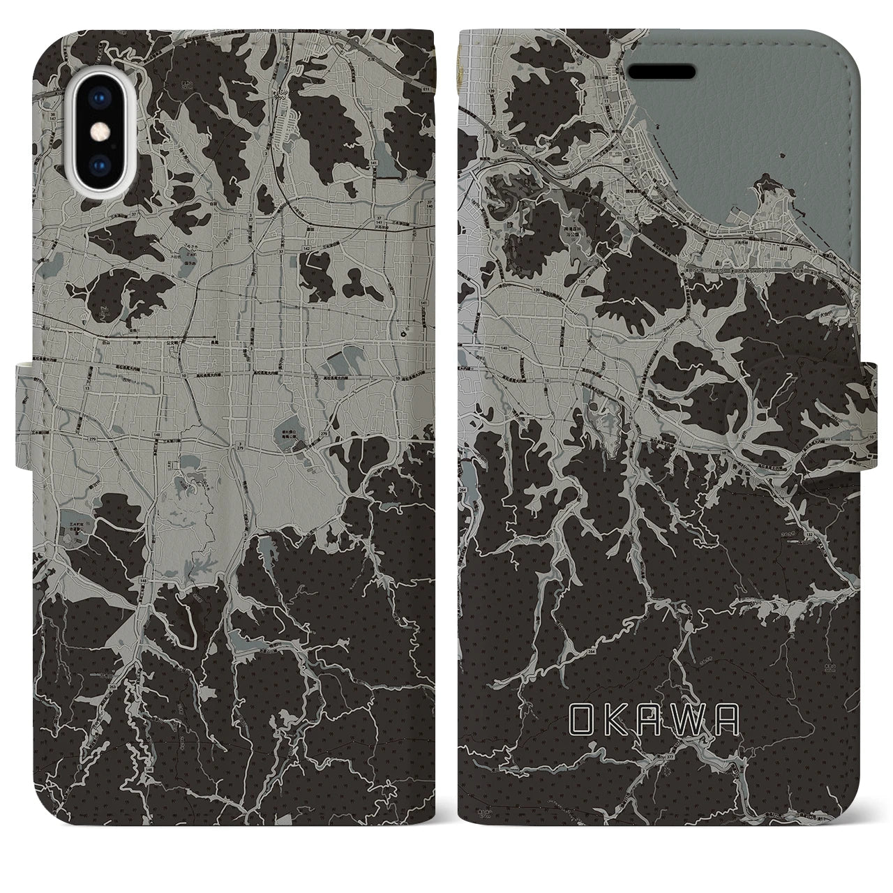 【大川(香川県)】地図柄iPhoneケース(手帳タイプ)モノトーン・iPhone XS Max 用