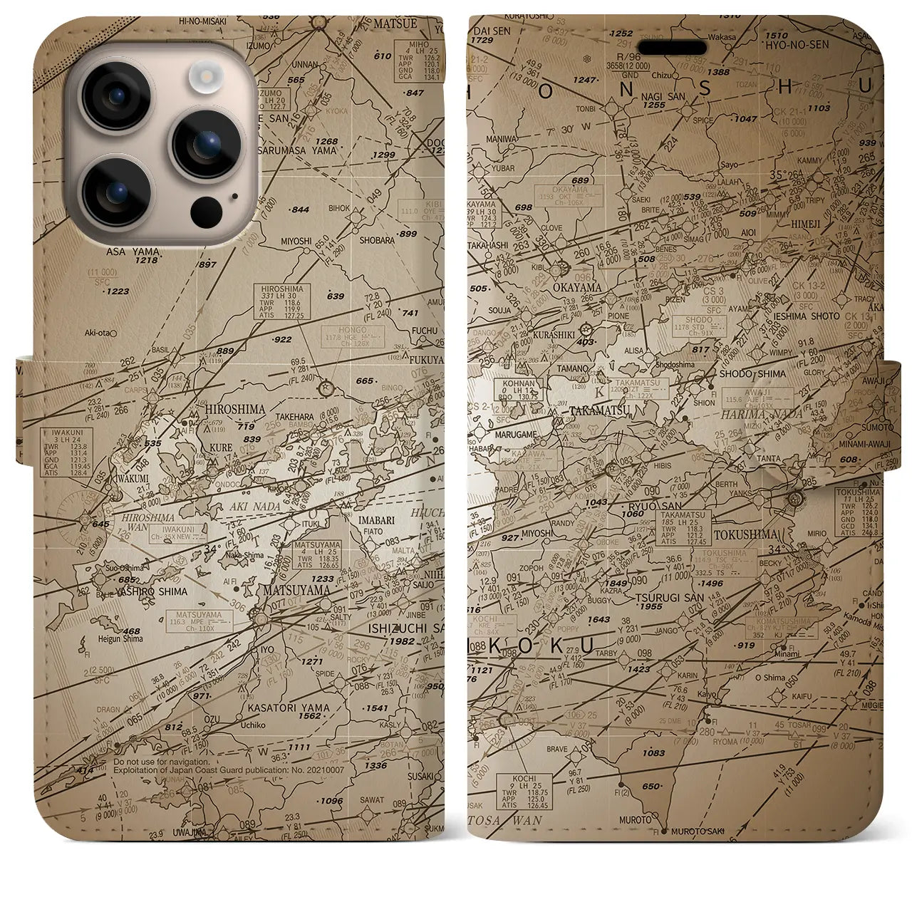 【岡山・高松航空図(岡山県)】航空図iPhoneケース(手帳タイプ)セピア・iPhone 16 Plus 用
