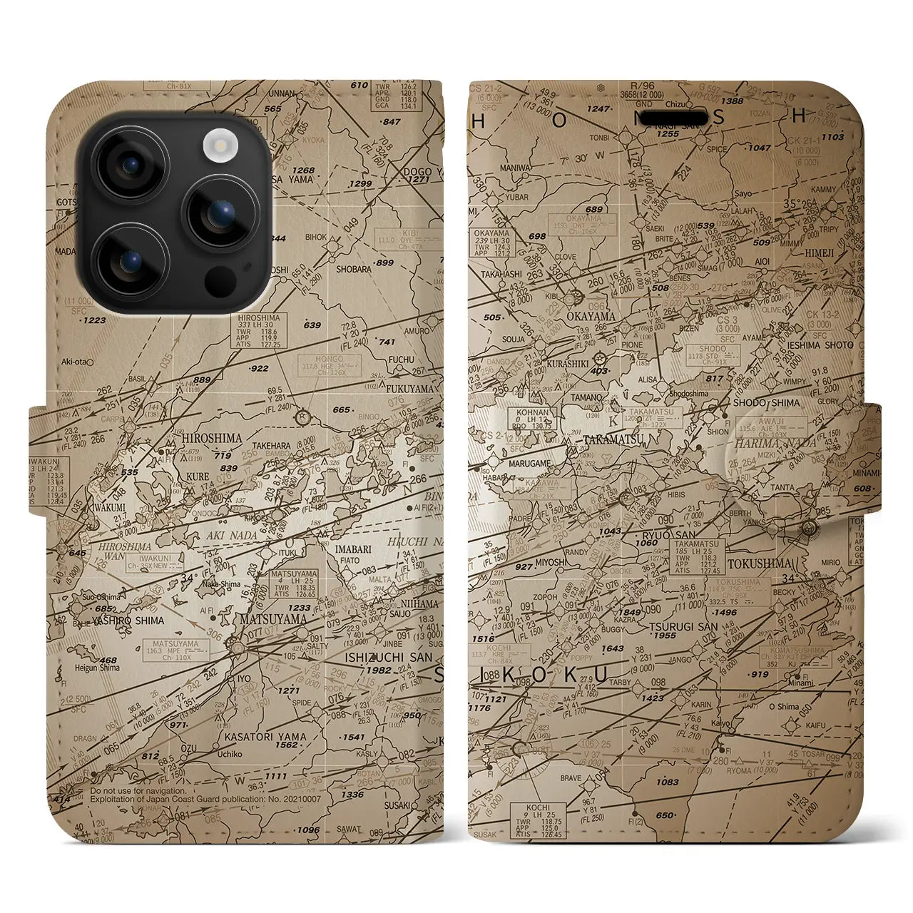 【岡山・高松航空図(岡山県)】航空図iPhoneケース(手帳タイプ)セピア・iPhone 16 用