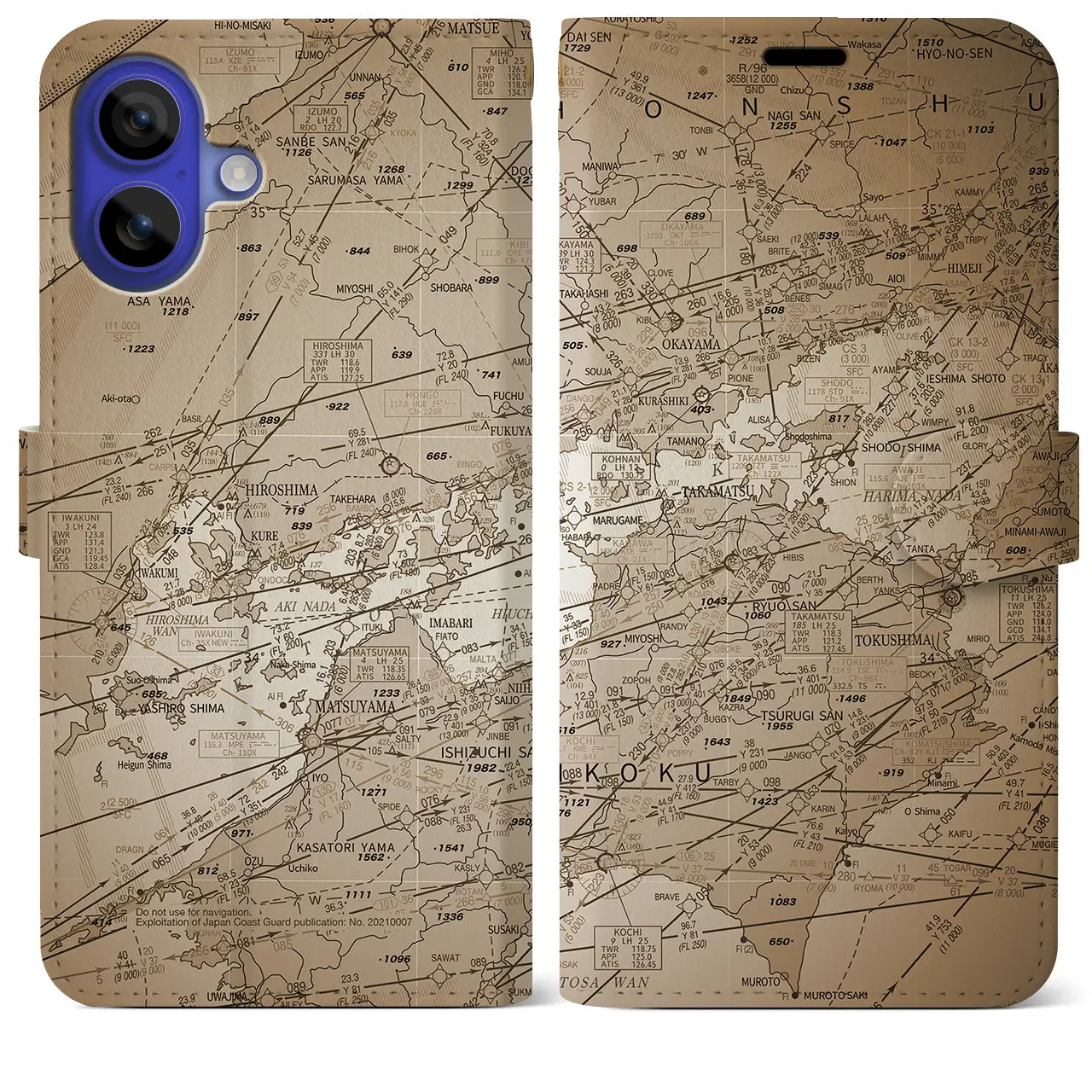 【岡山・高松航空図(岡山県)】航空図iPhoneケース(手帳タイプ)セピア・iPhone 16 Pro Max 用