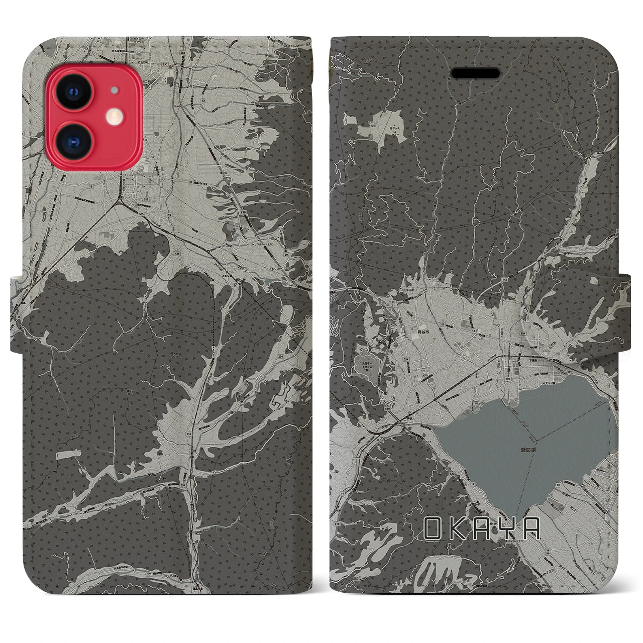 【岡谷(長野県)】地図柄iPhoneケース(手帳タイプ)モノトーン・iPhone 11 用