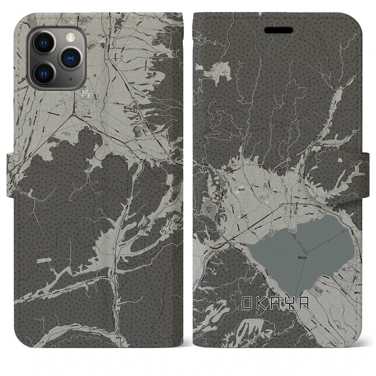 【岡谷(長野県)】地図柄iPhoneケース(手帳タイプ)モノトーン・iPhone 11 Pro Max 用