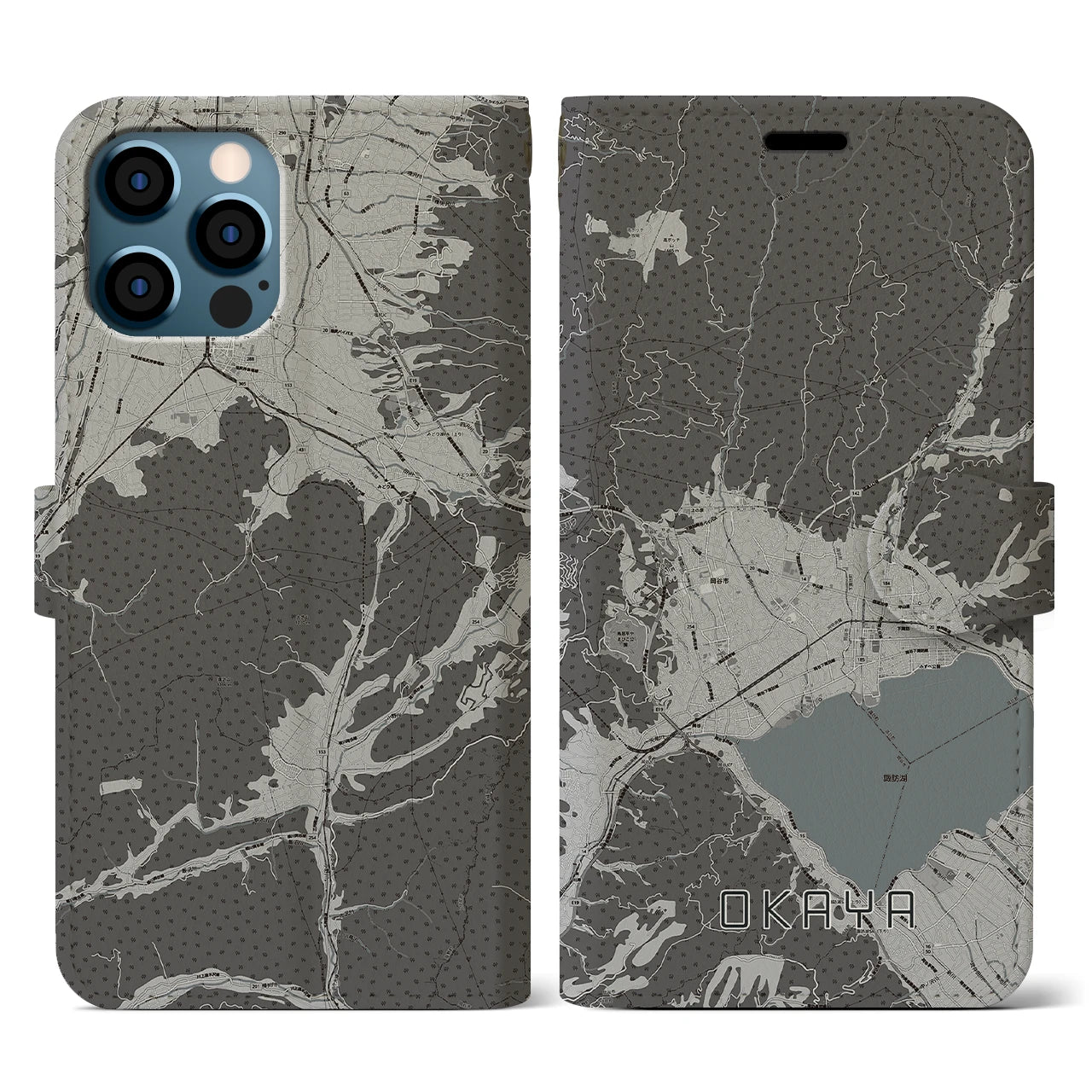 【岡谷(長野県)】地図柄iPhoneケース(手帳タイプ)モノトーン・iPhone 12 / 12 Pro 用