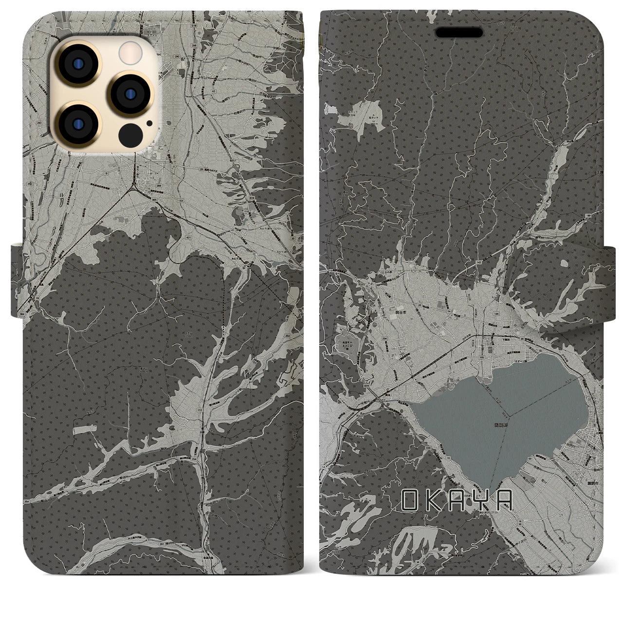 【岡谷(長野県)】地図柄iPhoneケース(手帳タイプ)モノトーン・iPhone 12 Pro Max 用