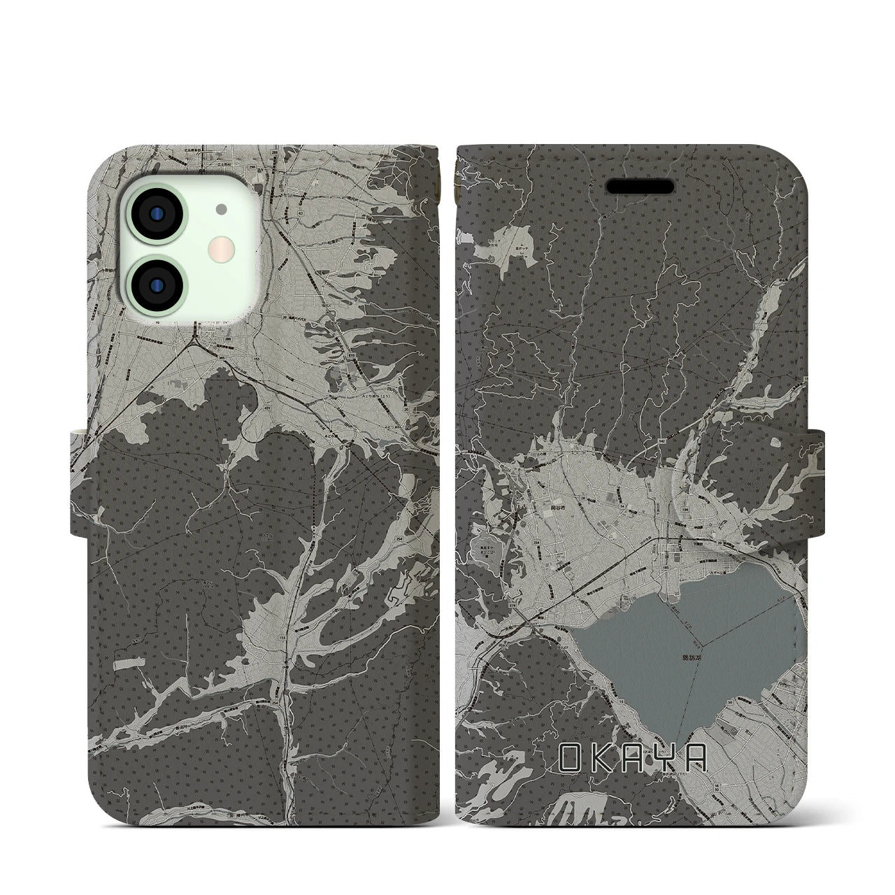 【岡谷(長野県)】地図柄iPhoneケース(手帳タイプ)モノトーン・iPhone 12 mini 用