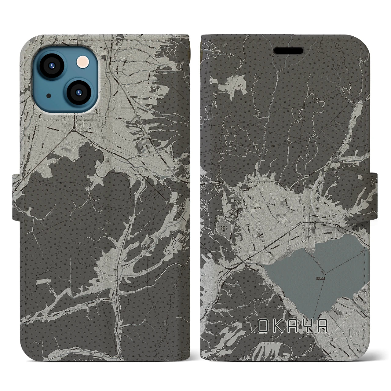 【岡谷(長野県)】地図柄iPhoneケース(手帳タイプ)モノトーン・iPhone 13 用