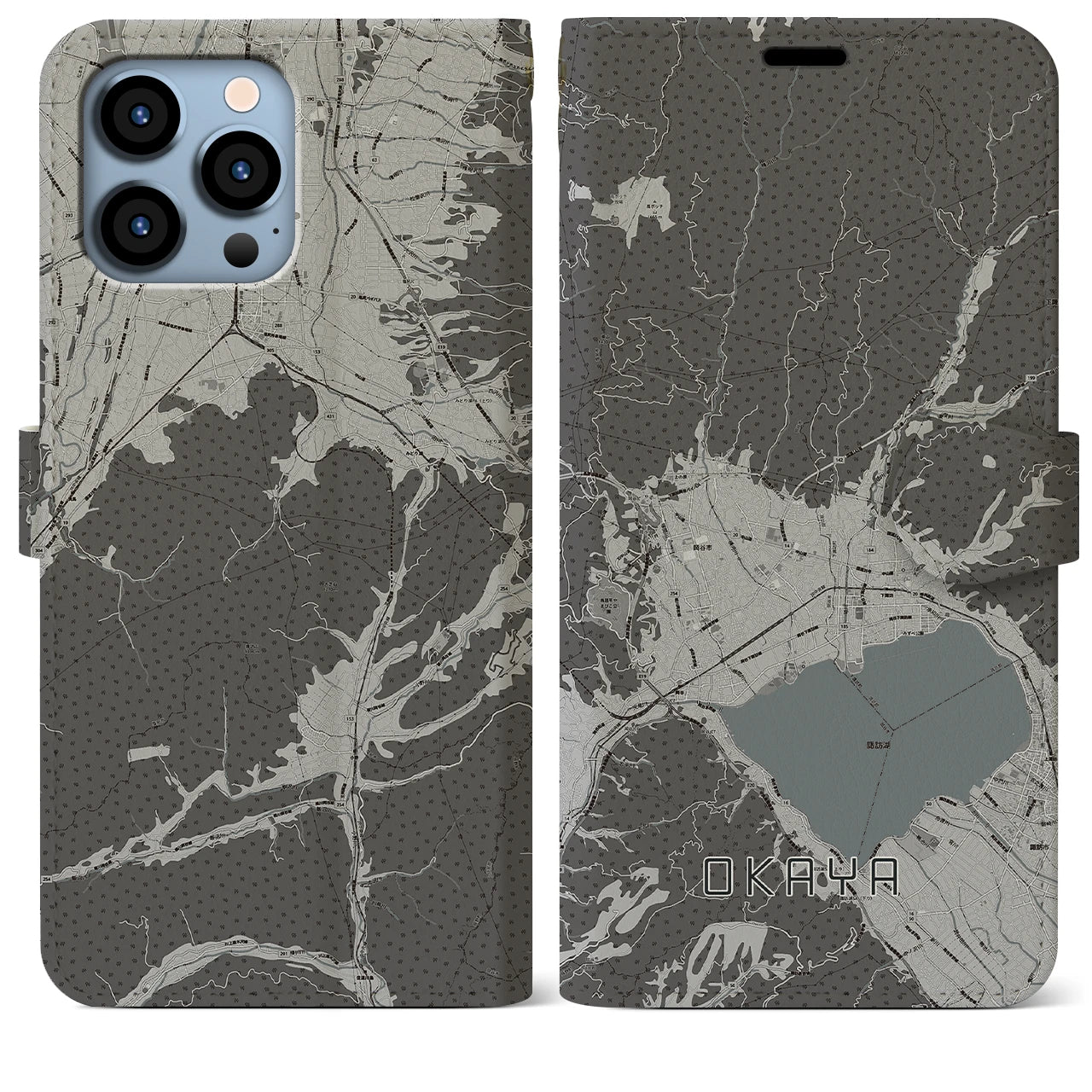 【岡谷(長野県)】地図柄iPhoneケース(手帳タイプ)モノトーン・iPhone 13 Pro Max 用