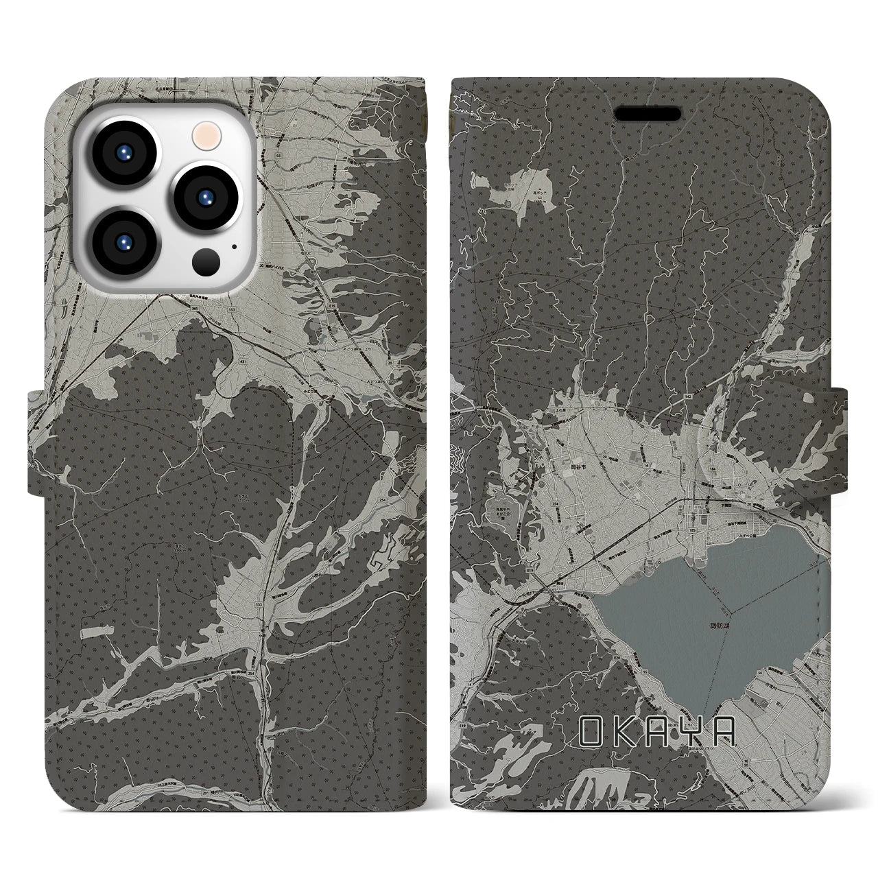 【岡谷(長野県)】地図柄iPhoneケース(手帳タイプ)モノトーン・iPhone 13 Pro 用