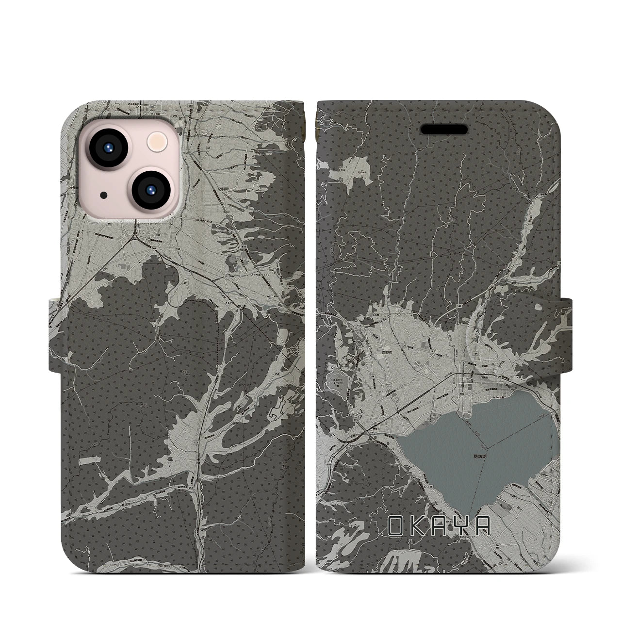 【岡谷(長野県)】地図柄iPhoneケース(手帳タイプ)モノトーン・iPhone 13 mini 用