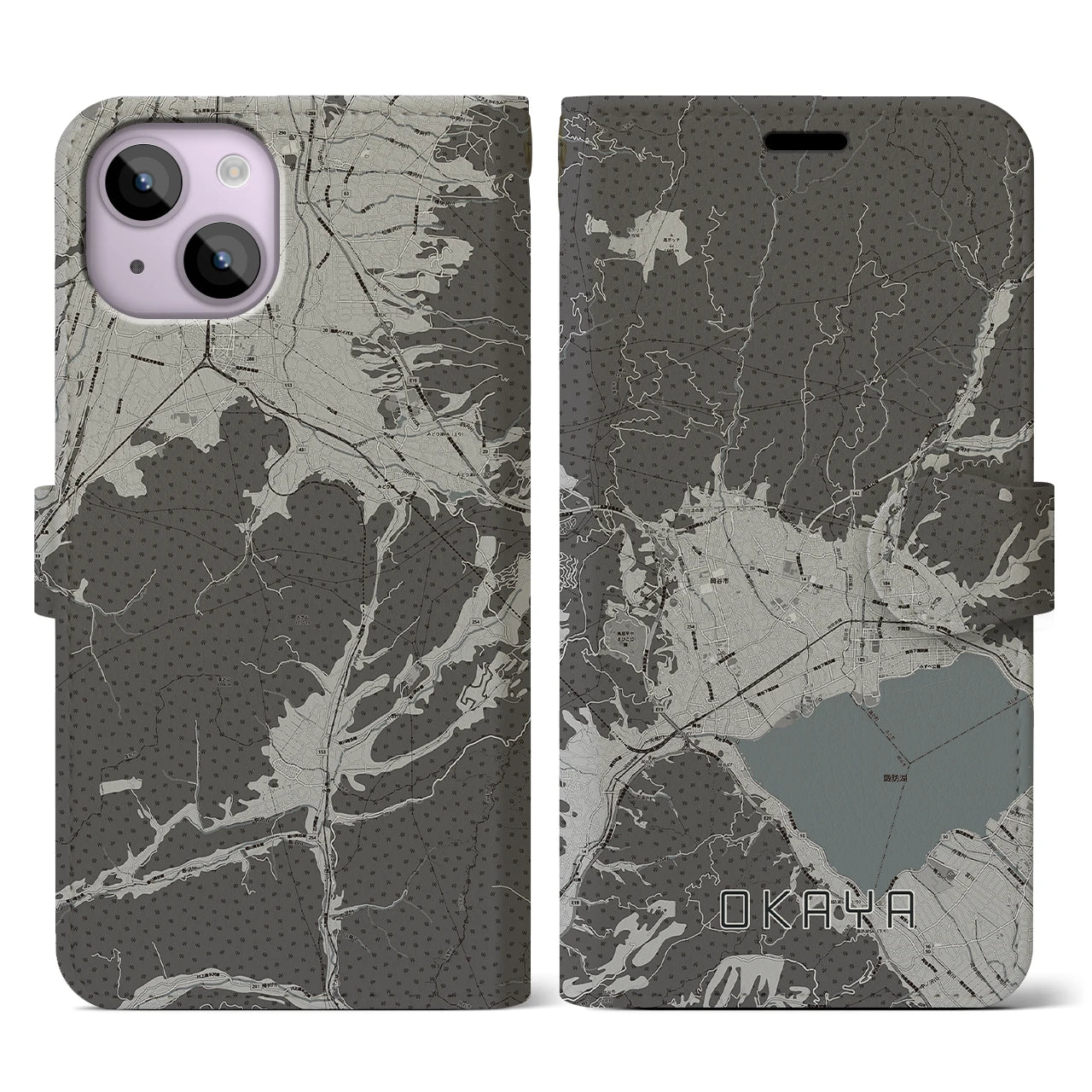 【岡谷(長野県)】地図柄iPhoneケース(手帳タイプ)モノトーン・iPhone 14 用