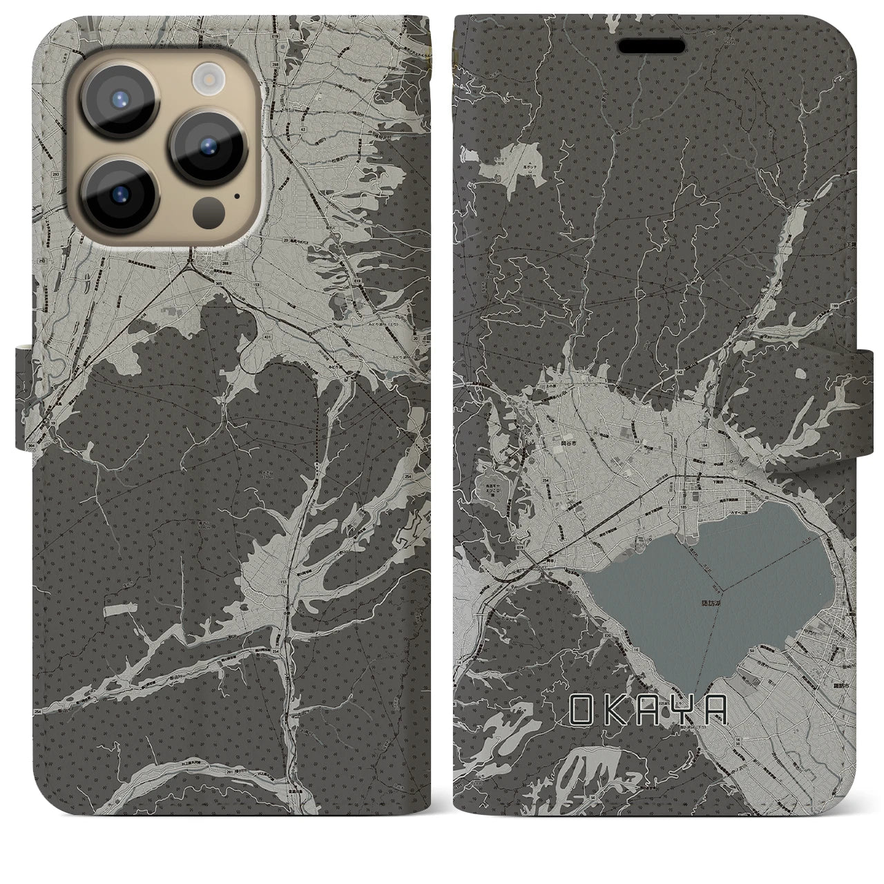 【岡谷(長野県)】地図柄iPhoneケース(手帳タイプ)モノトーン・iPhone 14 Pro Max 用
