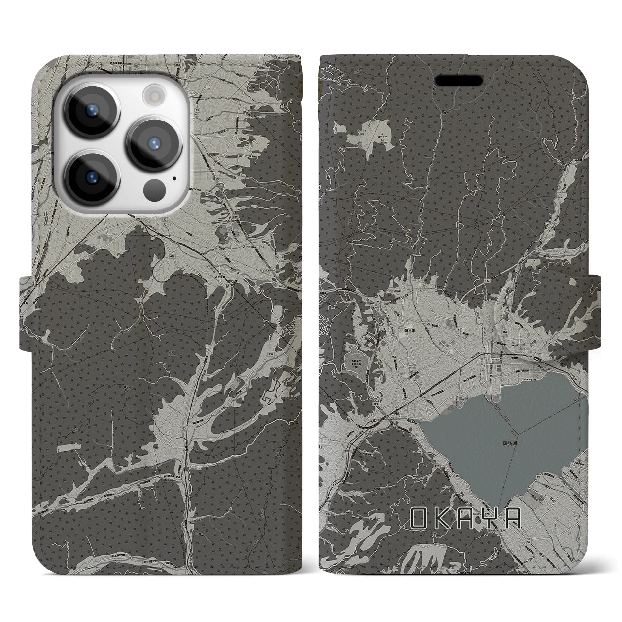 【岡谷(長野県)】地図柄iPhoneケース(手帳タイプ)モノトーン・iPhone 14 Pro 用