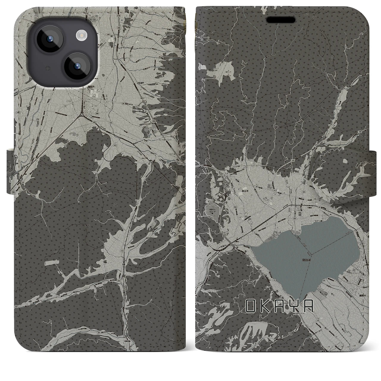 【岡谷(長野県)】地図柄iPhoneケース(手帳タイプ)モノトーン・iPhone 14 Plus 用