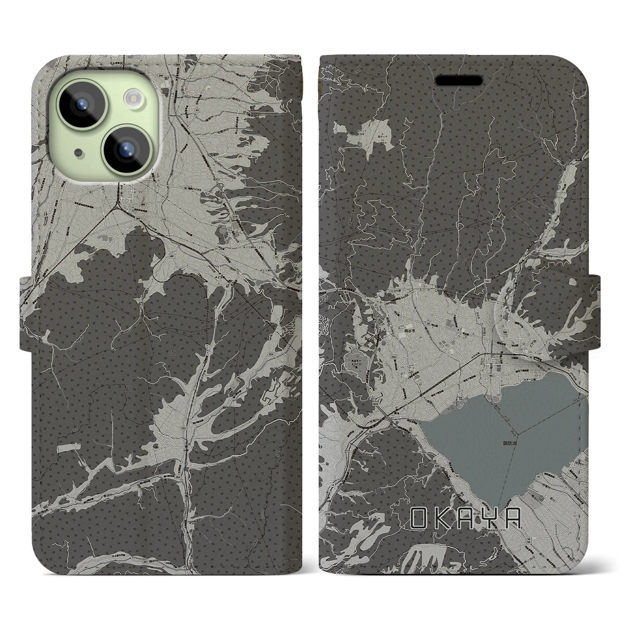 【岡谷(長野県)】地図柄iPhoneケース(手帳タイプ)モノトーン・iPhone 15 用