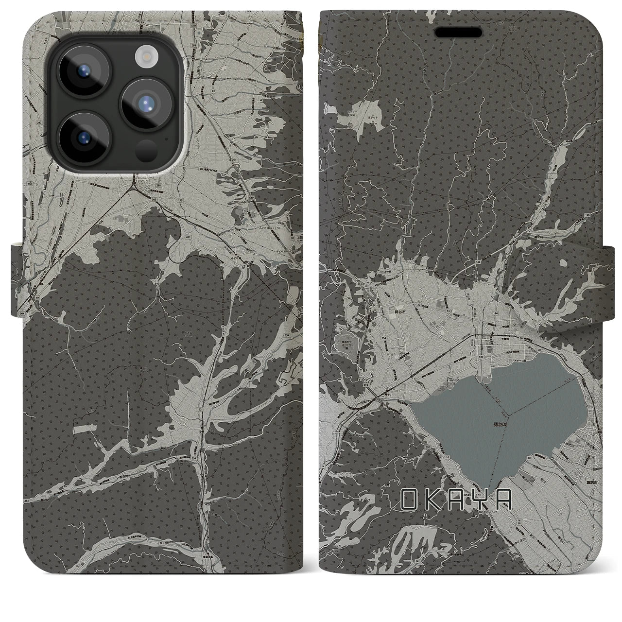 【岡谷(長野県)】地図柄iPhoneケース(手帳タイプ)モノトーン・iPhone 15 Pro Max 用