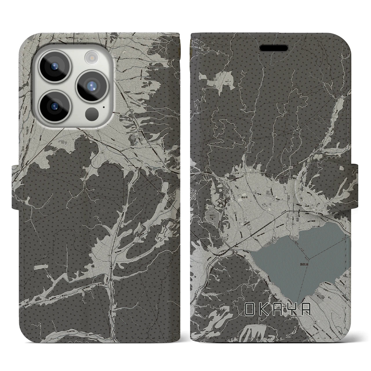 【岡谷(長野県)】地図柄iPhoneケース(手帳タイプ)モノトーン・iPhone 15 Pro 用