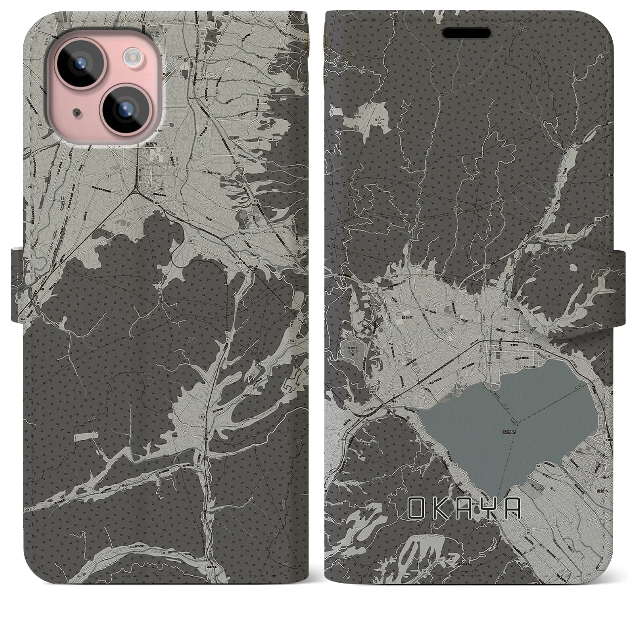 【岡谷(長野県)】地図柄iPhoneケース(手帳タイプ)モノトーン・iPhone 15 Plus 用