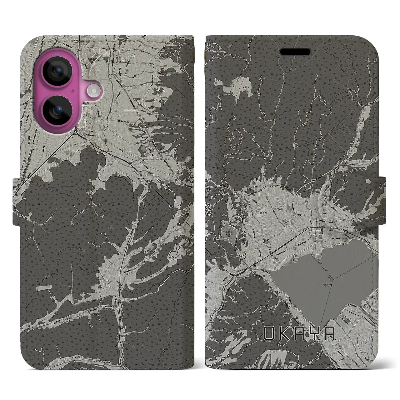 【岡谷(長野県)】地図柄iPhoneケース(手帳タイプ)モノトーン・iPhone 16 Pro 用