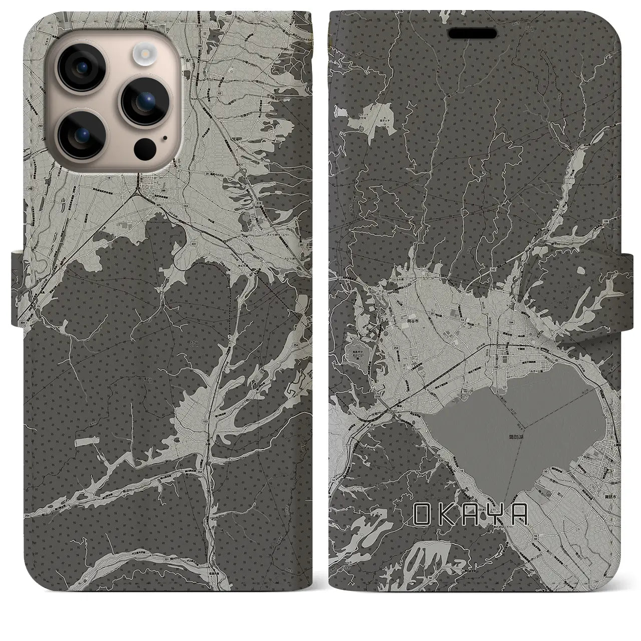 【岡谷(長野県)】地図柄iPhoneケース(手帳タイプ)モノトーン・iPhone 16 Plus 用