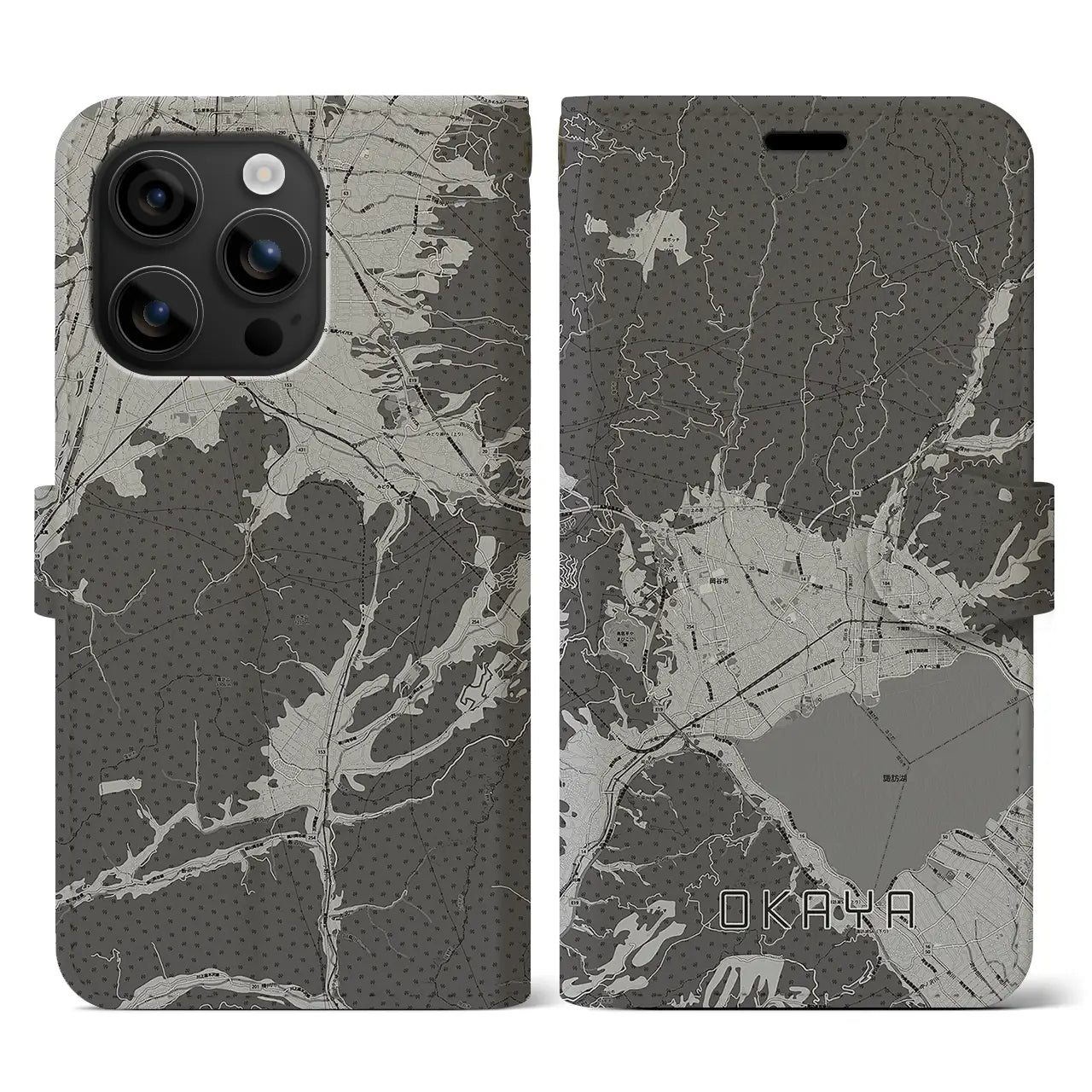 【岡谷(長野県)】地図柄iPhoneケース(手帳タイプ)モノトーン・iPhone 16 用