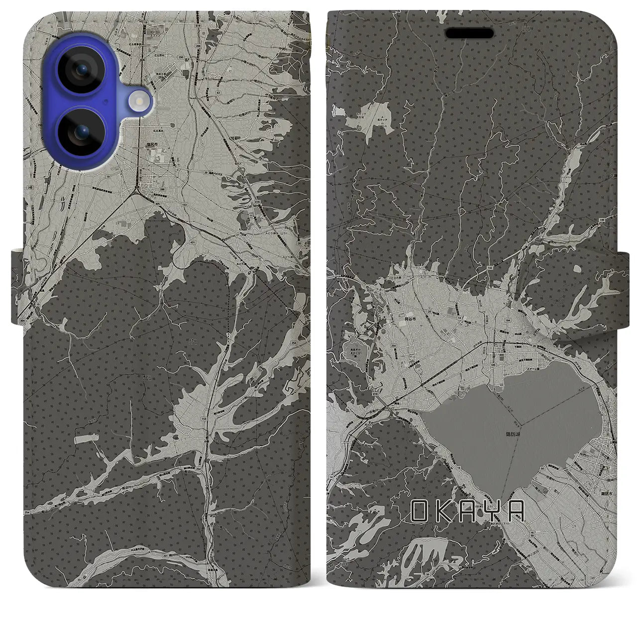 【岡谷(長野県)】地図柄iPhoneケース(手帳タイプ)モノトーン・iPhone 16 Pro Max 用