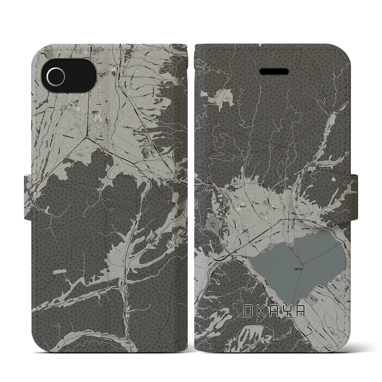 【岡谷(長野県)】地図柄iPhoneケース(手帳タイプ)モノトーン・iPhone SE(第3 / 第2世代) / 8 / 7 / 6s / 6 用