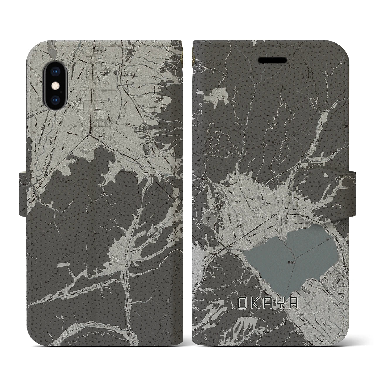 【岡谷(長野県)】地図柄iPhoneケース(手帳タイプ)モノトーン・iPhone XS / X 用