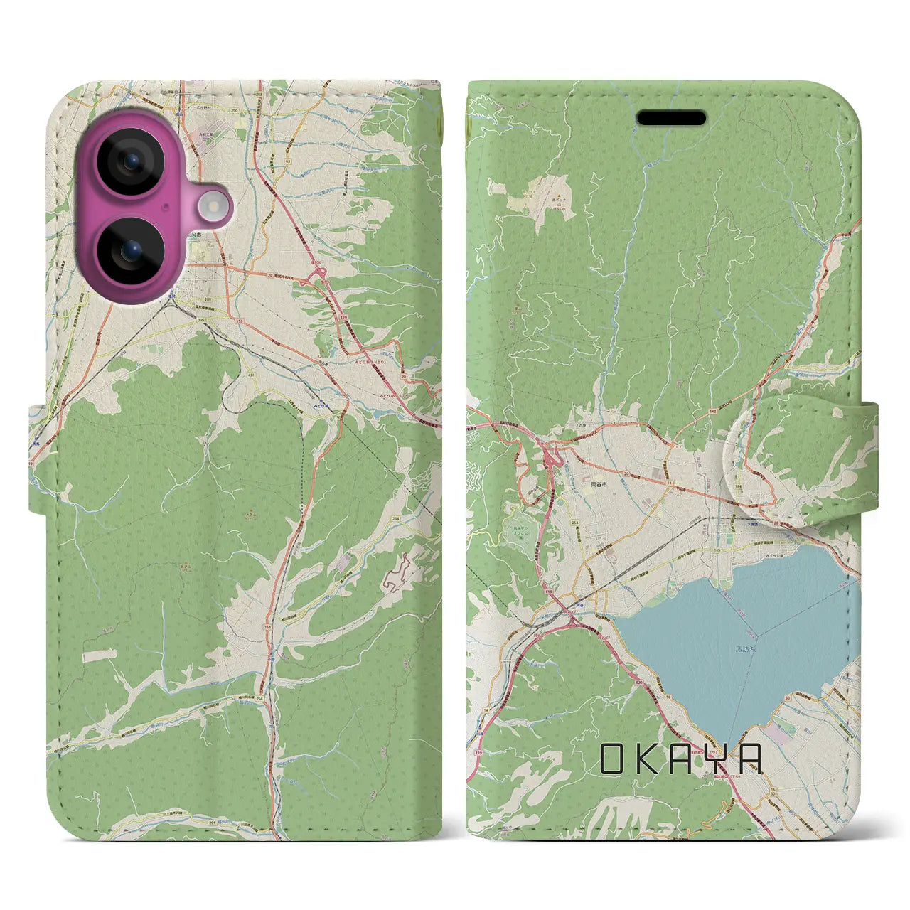 【岡谷(長野県)】地図柄iPhoneケース(手帳タイプ)ナチュラル・iPhone 16 Pro 用