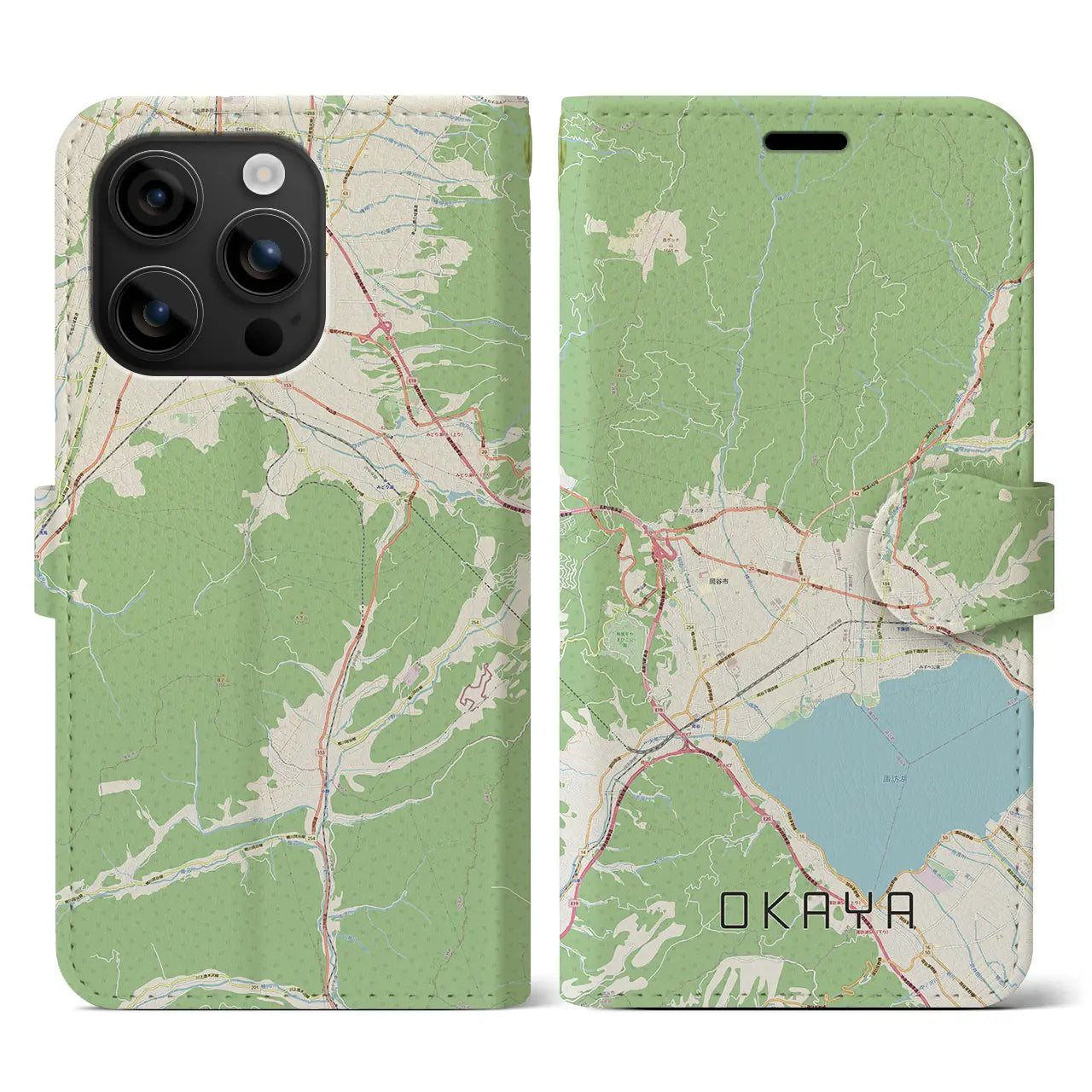 【岡谷(長野県)】地図柄iPhoneケース(手帳タイプ)ナチュラル・iPhone 16 用