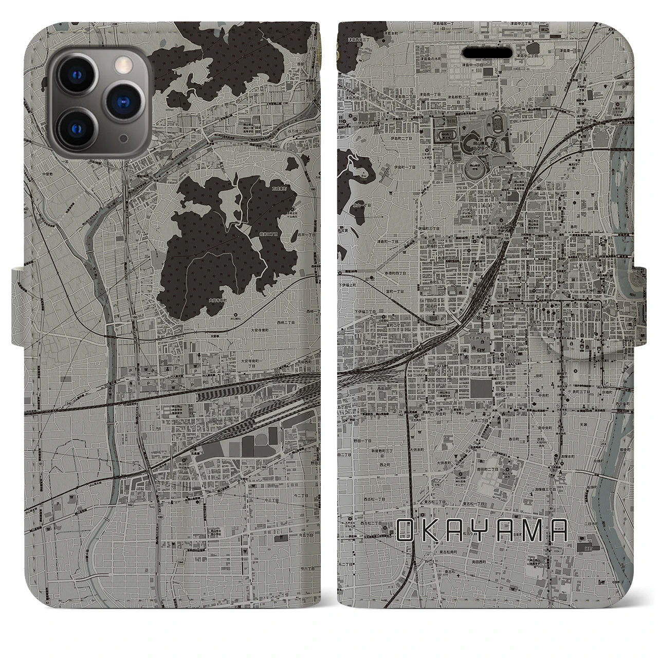 【岡山2(岡山県)】地図柄iPhoneケース(手帳タイプ)モノトーン・iPhone 11 Pro Max 用