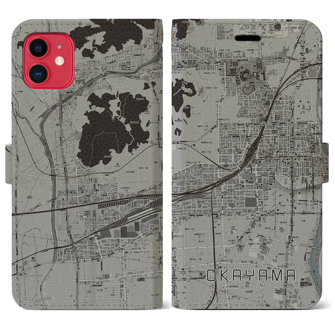【岡山2(岡山県)】地図柄iPhoneケース(手帳タイプ)モノトーン・iPhone 11 用
