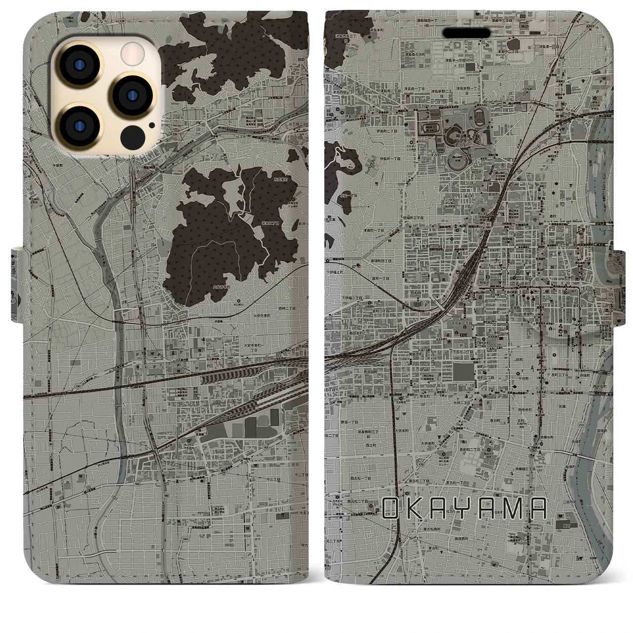 【岡山2(岡山県)】地図柄iPhoneケース(手帳タイプ)モノトーン・iPhone 12 Pro Max 用