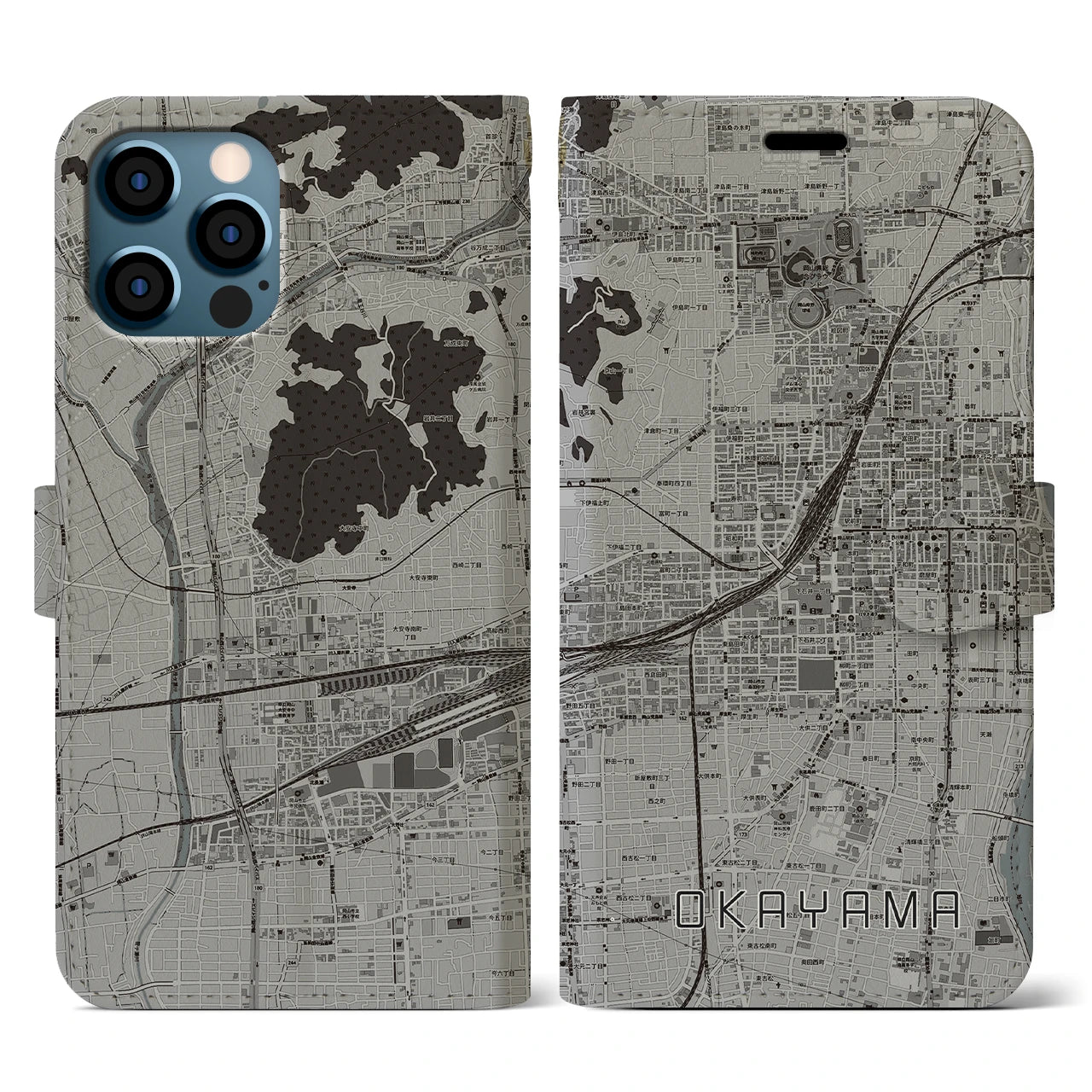 【岡山2(岡山県)】地図柄iPhoneケース(手帳タイプ)モノトーン・iPhone 12 / 12 Pro 用