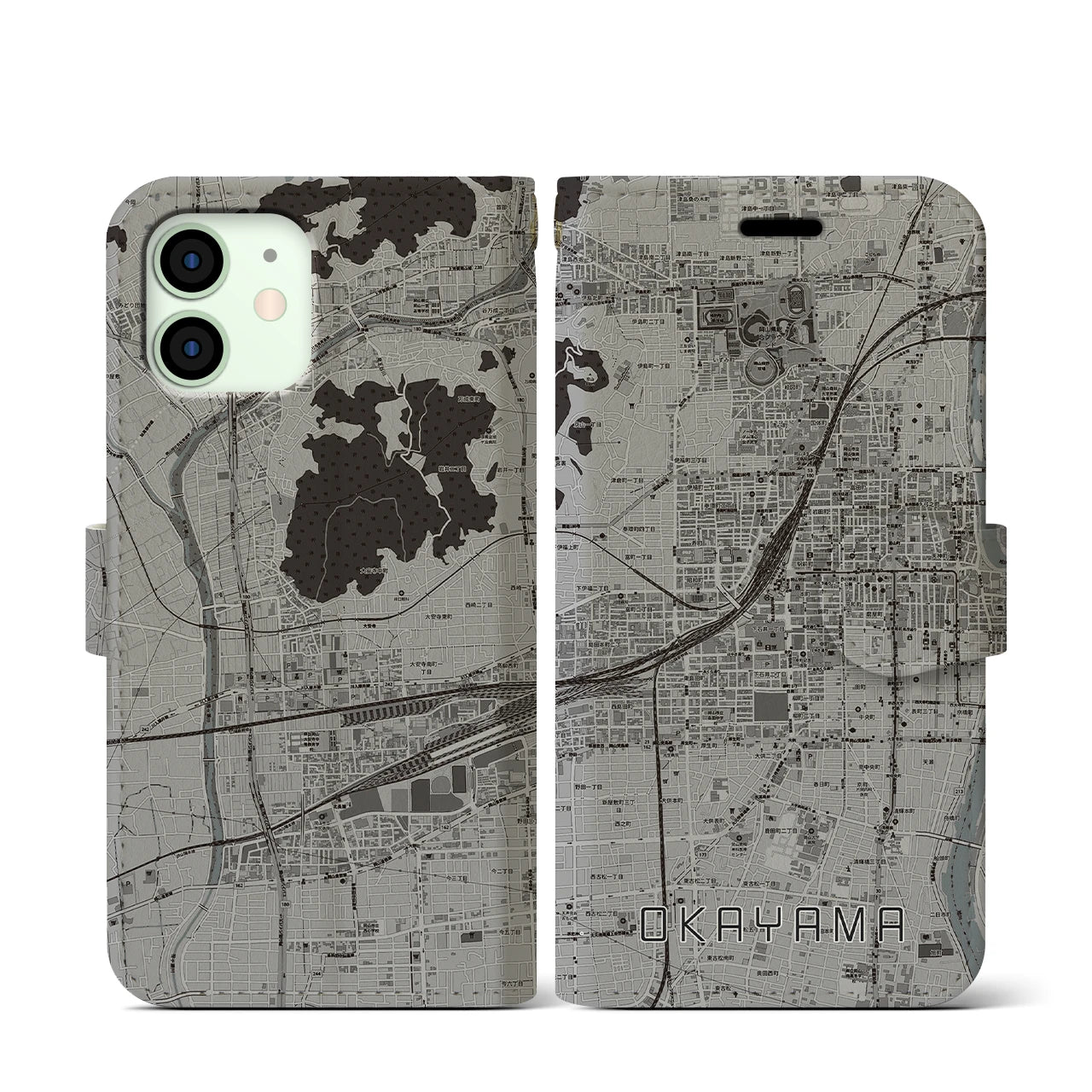 【岡山2(岡山県)】地図柄iPhoneケース(手帳タイプ)モノトーン・iPhone 12 mini 用