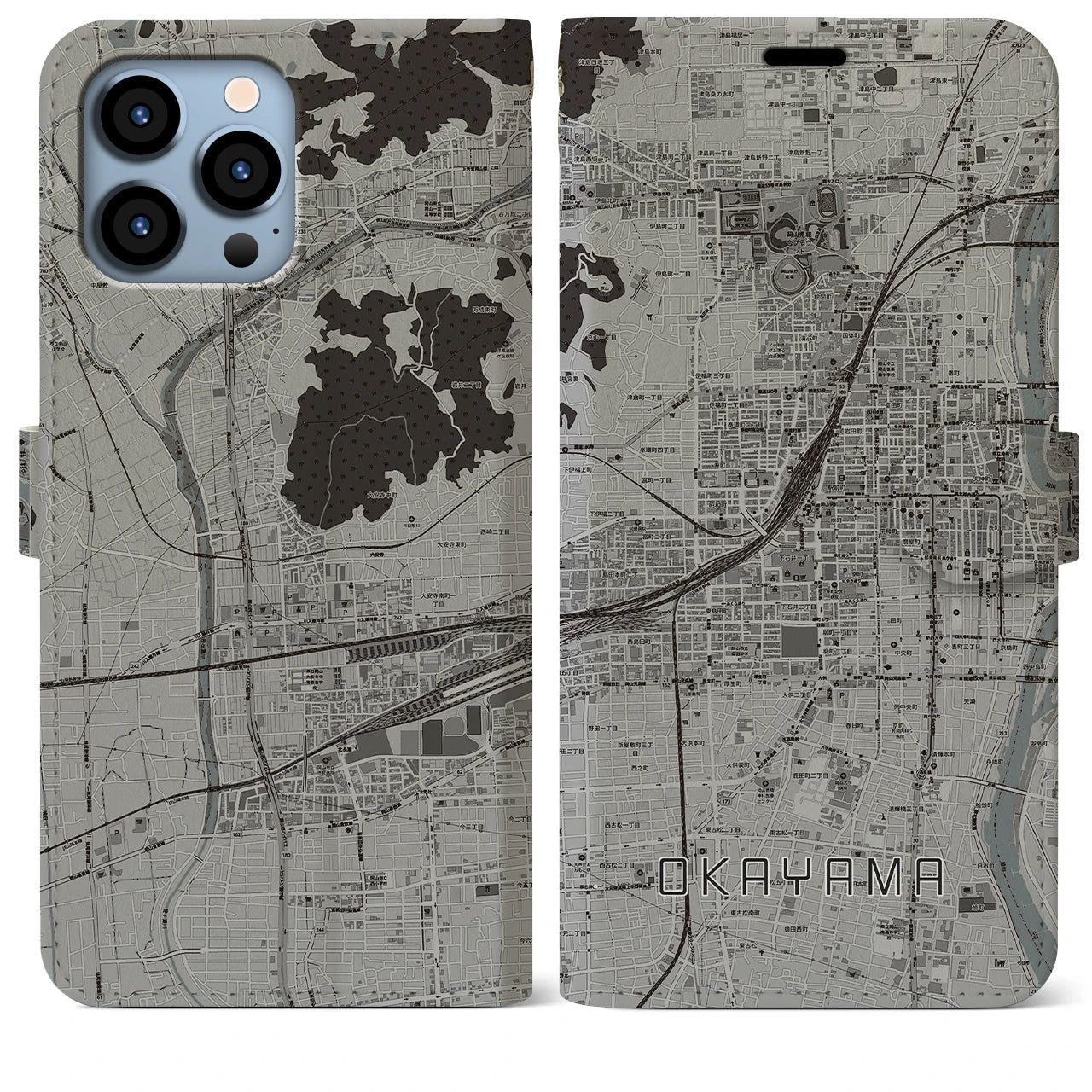 【岡山2(岡山県)】地図柄iPhoneケース(手帳タイプ)モノトーン・iPhone 13 Pro Max 用