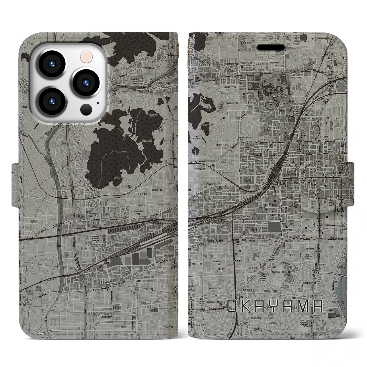 【岡山2(岡山県)】地図柄iPhoneケース(手帳タイプ)モノトーン・iPhone 13 Pro 用