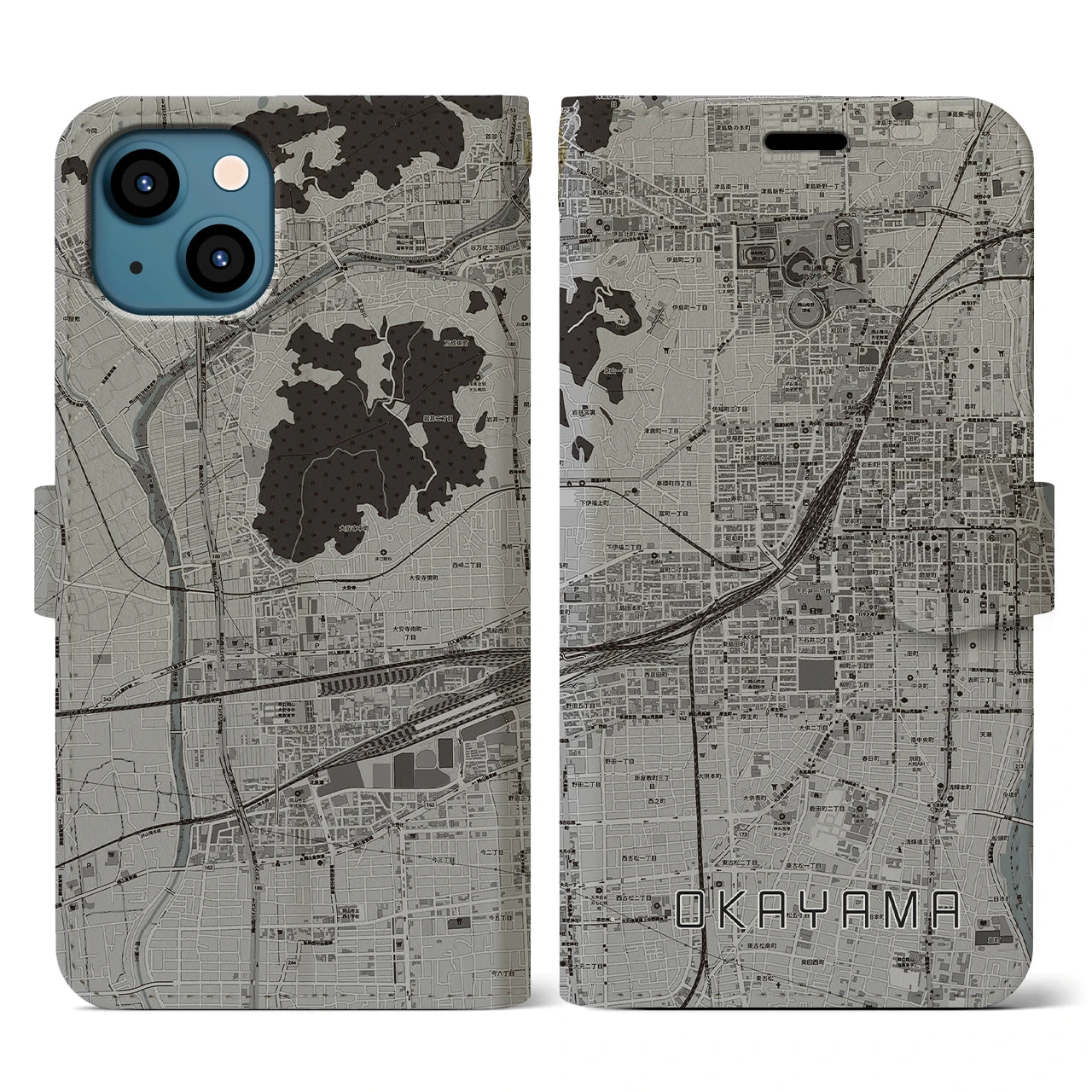 【岡山2(岡山県)】地図柄iPhoneケース(手帳タイプ)モノトーン・iPhone 13 用