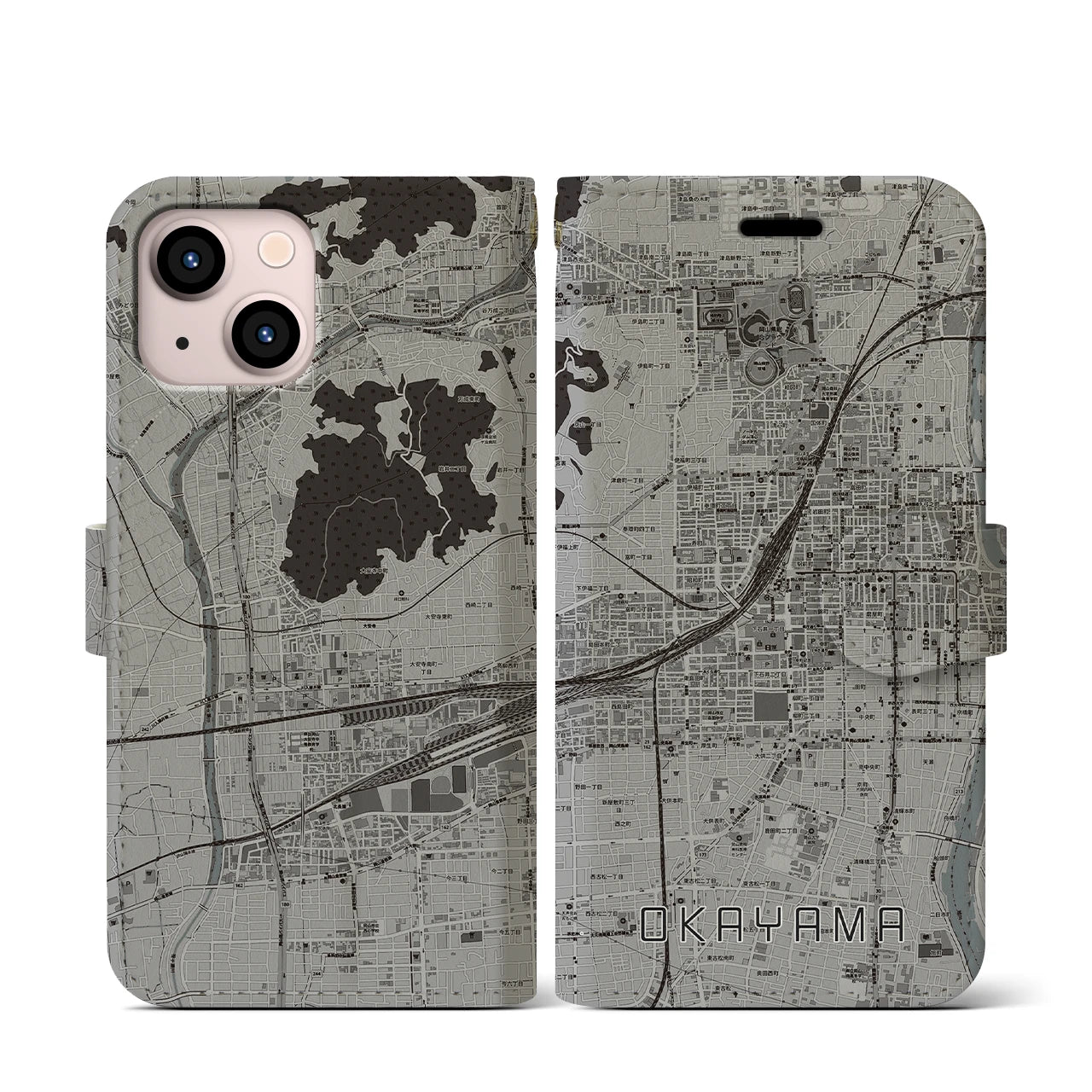 【岡山2(岡山県)】地図柄iPhoneケース(手帳タイプ)モノトーン・iPhone 13 mini 用