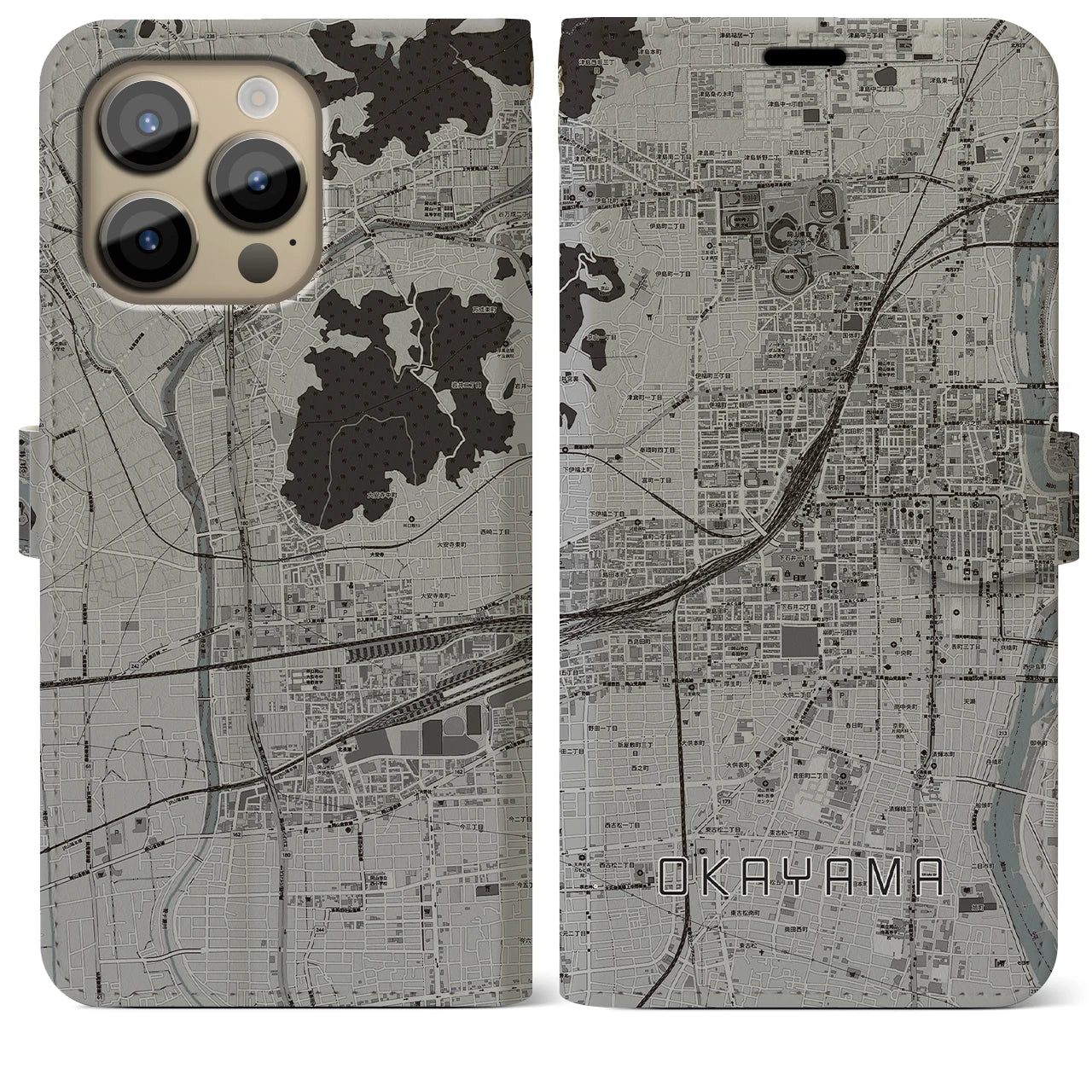 【岡山2(岡山県)】地図柄iPhoneケース(手帳タイプ)モノトーン・iPhone 14 Pro Max 用